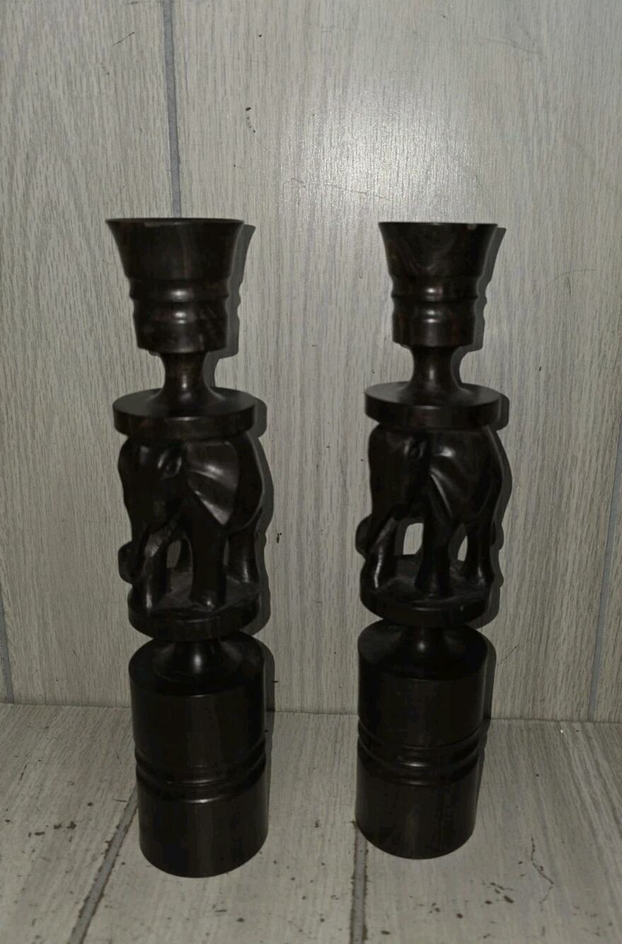 Vtg Wooden Hand Carved Elephant Candle Holders Set of 2 Solid Wood Decor Safari